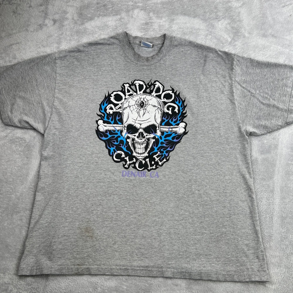 Hanes Road Dog Cycle Skull Graphic T-Shirt 2XL Gray Men Vintage Biker Tee